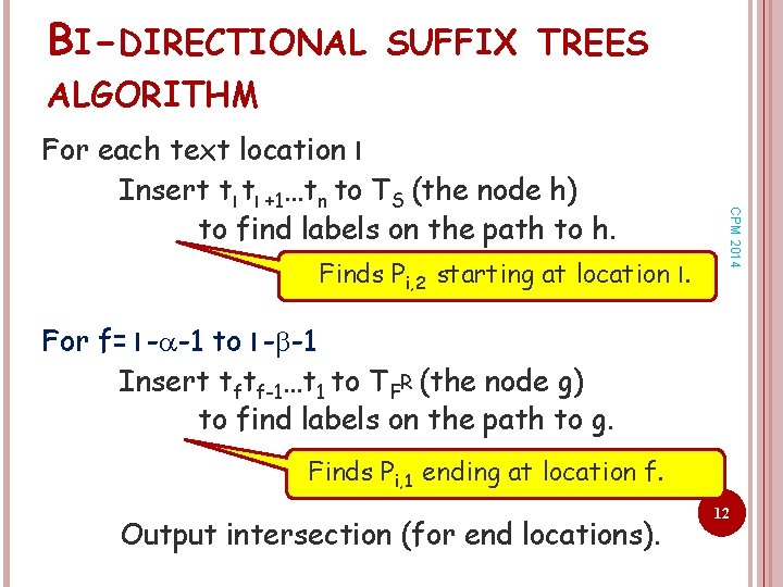 BI-DIRECTIONAL SUFFIX TREES ALGORITHM Finds Pi, 2 starting at location l. CPM 2014 For