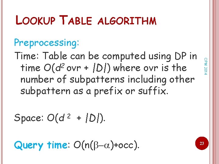 LOOKUP TABLE ALGORITHM CPM 2014 Preprocessing: Time: Table can be computed using DP in