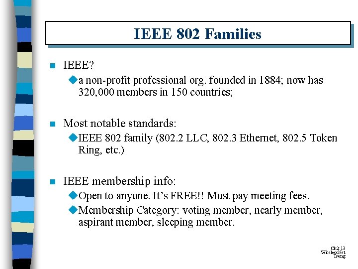 IEEE 802 Families n IEEE? ua non-profit professional org. founded in 1884; now has IEEE 802 Families n IEEE? ua non-profit professional org. founded in 1884; now has