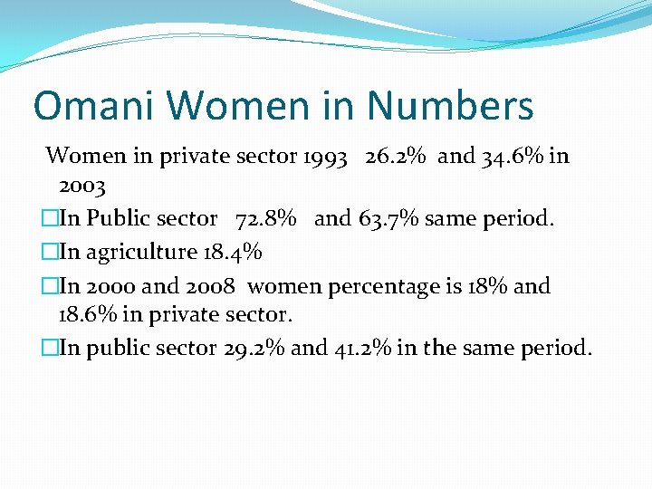Omani Women in Numbers Women in private sector 1993 26. 2% and 34. 6%