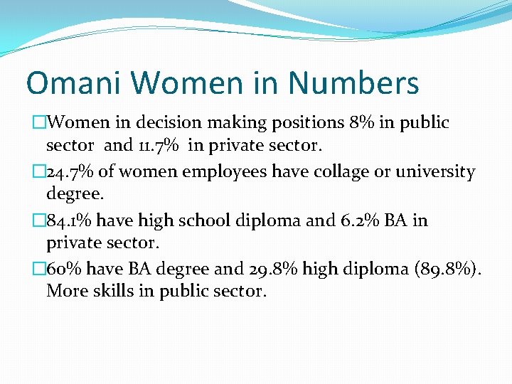 Omani Women in Numbers �Women in decision making positions 8% in public sector and