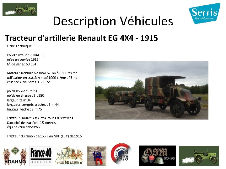 Description Véhicules Tracteur d’artillerie Renault EG 4 X 4 - 1915 Fiche Technique Constructeur