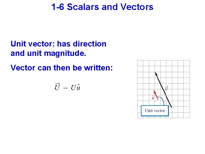 1 -6 Scalars and Vectors Unit vector: has direction and unit magnitude. Vector can