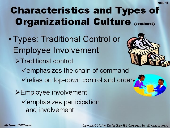 Slide 11 Characteristics and Types of Organizational Culture (continued) • Types: Traditional Control or