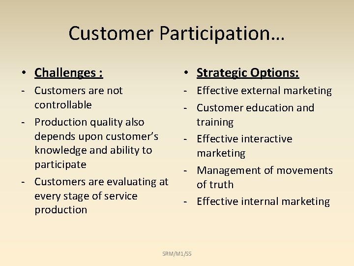 Customer Participation… • Challenges : • Strategic Options: - Customers are not controllable -