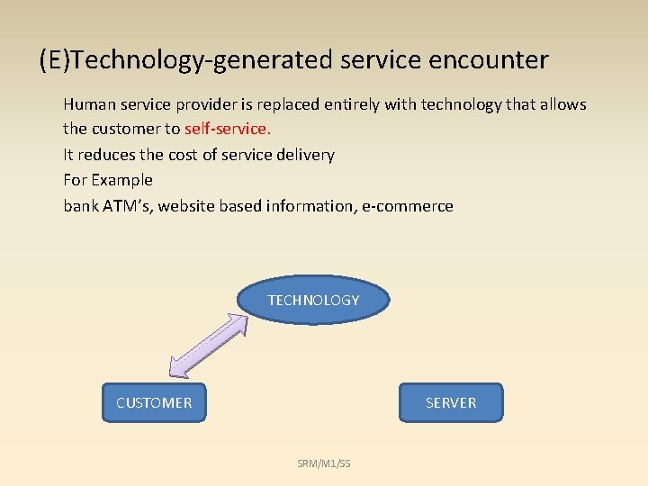 (E)Technology-generated service encounter Human service provider is replaced entirely with technology that allows the