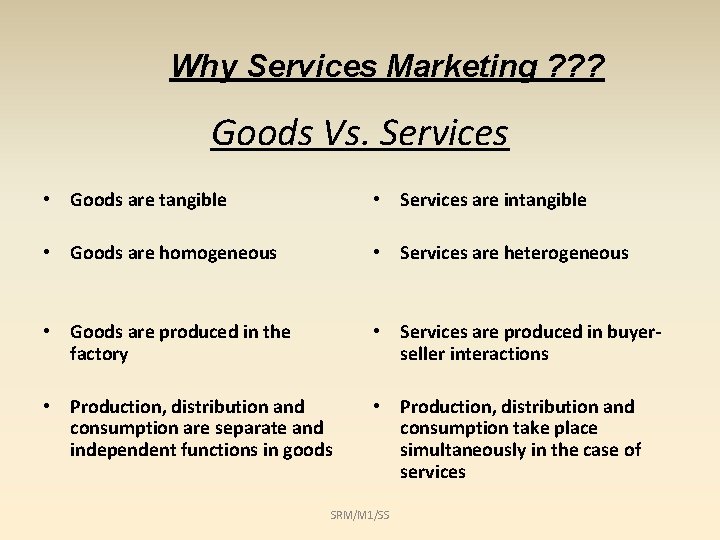 Why Services Marketing ? ? ? Goods Vs. Services • Goods are tangible •