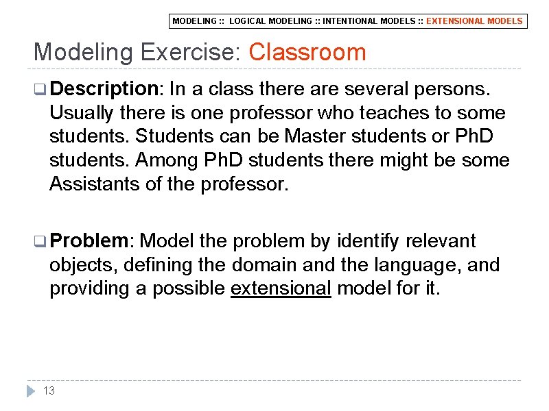 MODELING : : LOGICAL MODELING : : INTENTIONAL MODELS : : EXTENSIONAL MODELS Modeling