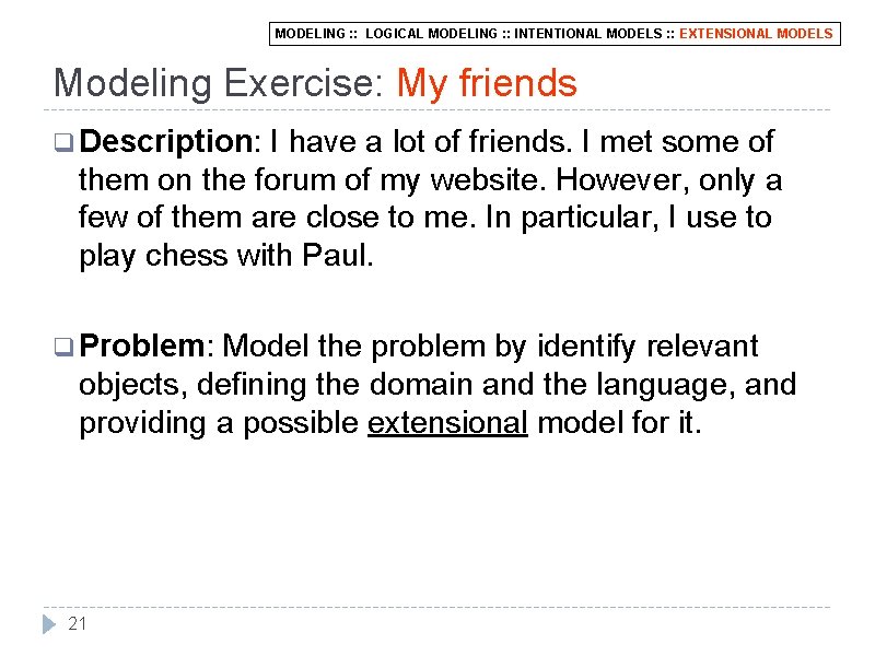 MODELING : : LOGICAL MODELING : : INTENTIONAL MODELS : : EXTENSIONAL MODELS Modeling