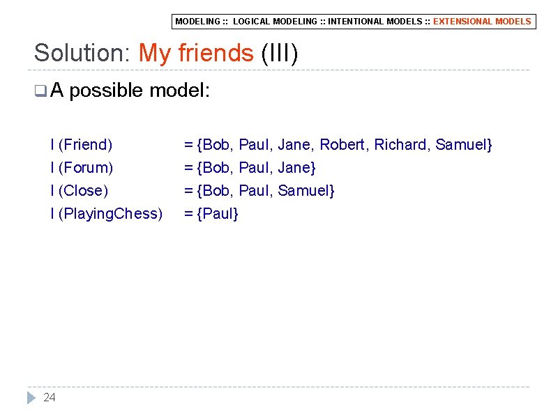 MODELING : : LOGICAL MODELING : : INTENTIONAL MODELS : : EXTENSIONAL MODELS Solution: