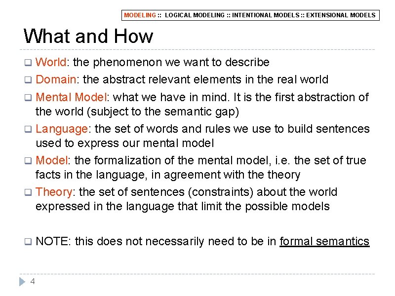 MODELING : : LOGICAL MODELING : : INTENTIONAL MODELS : : EXTENSIONAL MODELS What