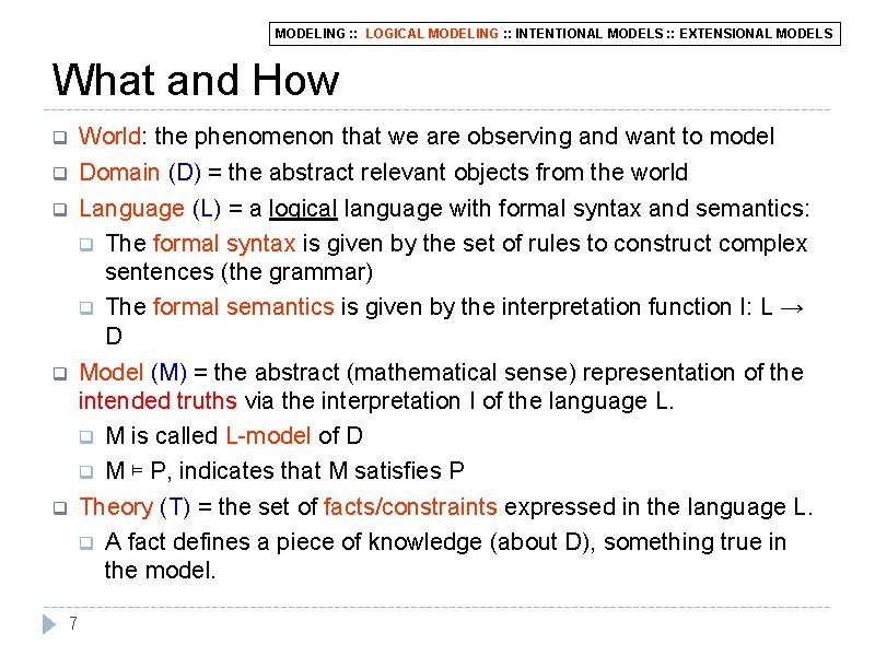 MODELING : : LOGICAL MODELING : : INTENTIONAL MODELS : : EXTENSIONAL MODELS What