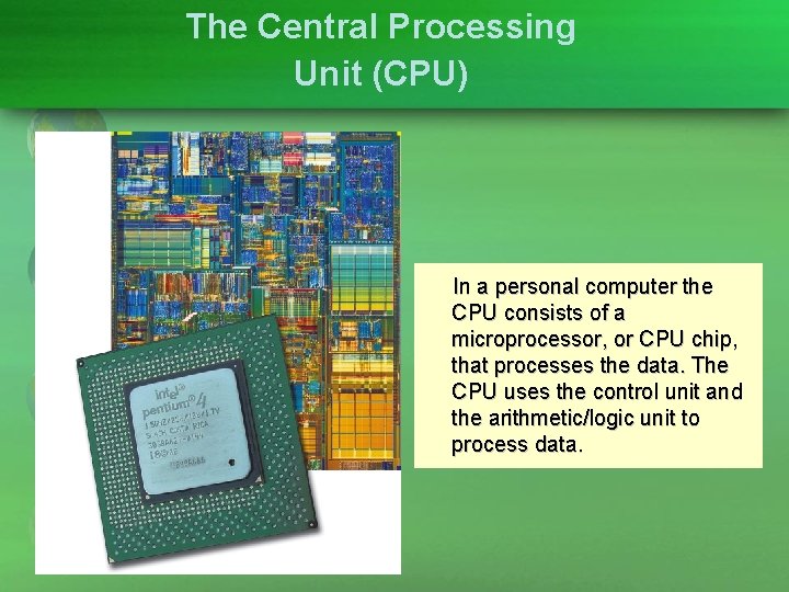 The Central Processing Unit (CPU) In a personal computer the CPU consists of a