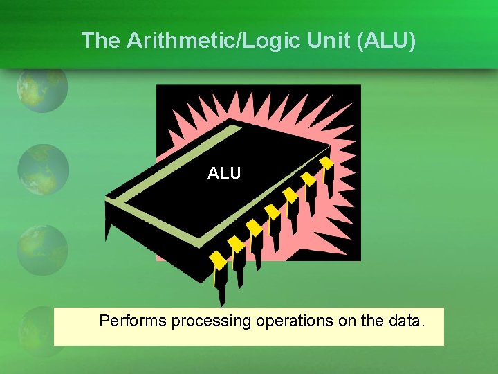 The Arithmetic/Logic Unit (ALU) ALU Performs processing operations on the data. 