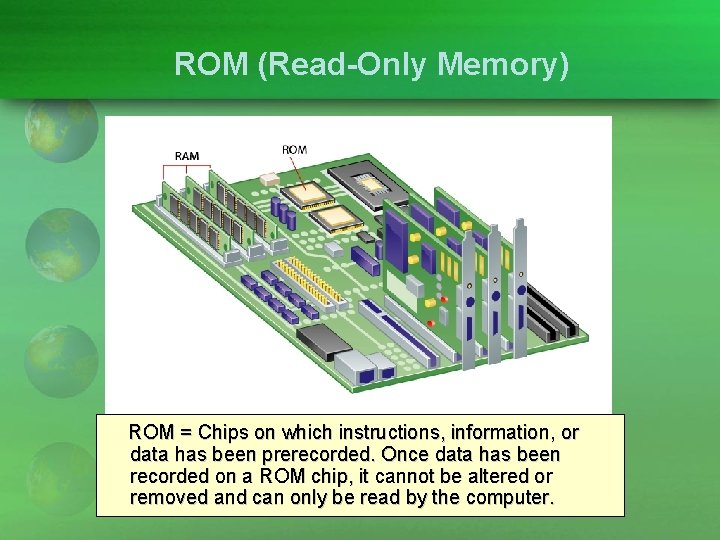 ROM (Read-Only Memory) ROM = Chips on which instructions, information, or data has been