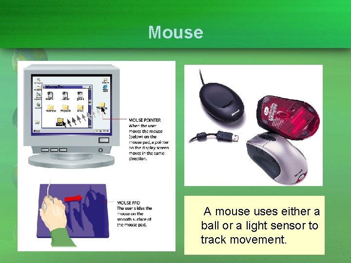 Mouse A mouse uses either a ball or a light sensor to track movement.