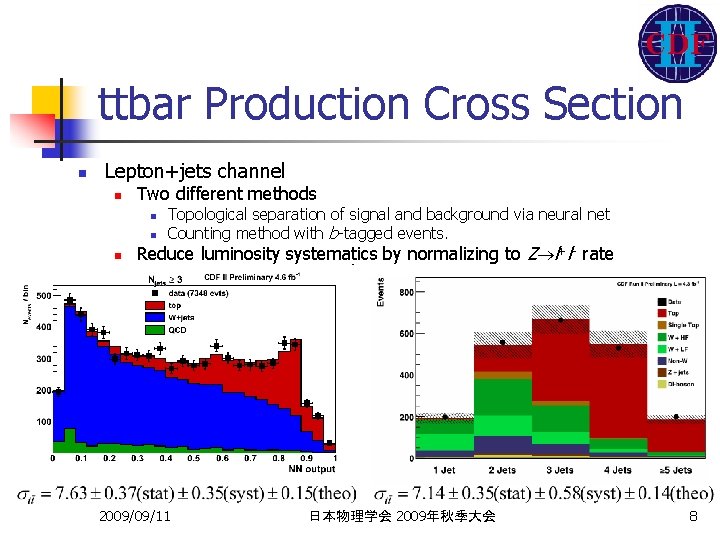 ttbar Production Cross Section n Lepton+jets channel n Two different methods n n n