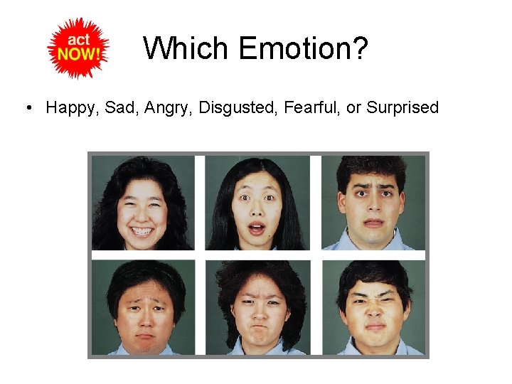 Which Emotion? • Happy, Sad, Angry, Disgusted, Fearful, or Surprised Which Emotion? • Happy, Sad, Angry, Disgusted, Fearful, or Surprised