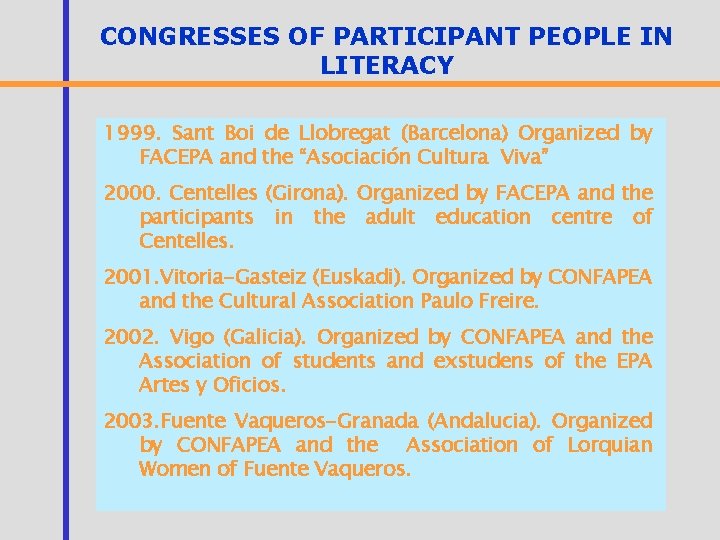 CONGRESSES OF PARTICIPANT PEOPLE IN LITERACY 1999. Sant Boi de Llobregat (Barcelona) Organized by