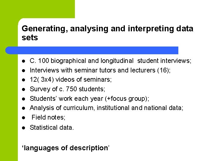 Generating, analysing and interpreting data sets l C. 100 biographical and longitudinal student interviews;