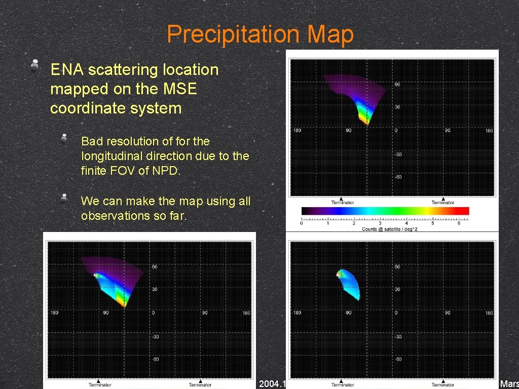 Precipitation Map ENA scattering location mapped on the MSE coordinate system Bad resolution of