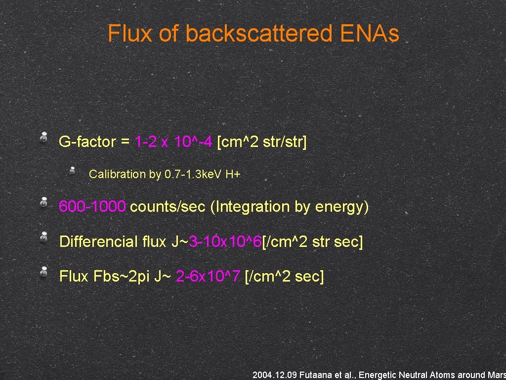 Flux of backscattered ENAs G-factor = 1 -2 x 10^-4 [cm^2 str/str] Calibration by