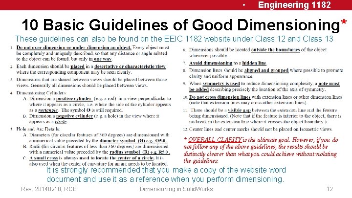  • Engineering 1182 10 Basic Guidelines of Good Dimensioning* These guidelines can also