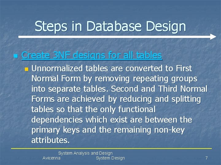 Steps in Database Design n Create 3 NF designs for all tables n Unnormalized