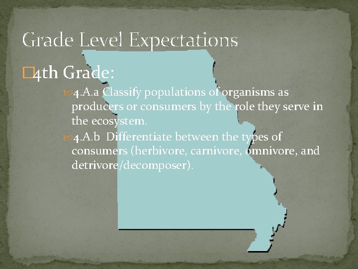 Grade Level Expectations � 4 th Grade: 4. A. a Classify populations of organisms Grade Level Expectations � 4 th Grade: 4. A. a Classify populations of organisms