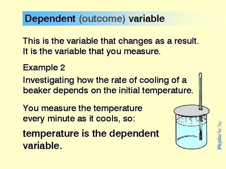 Dependent (outcome) variable This is the variable that changes as a result. It is