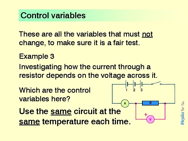 Control variables These are all the variables that must not change, to make sure