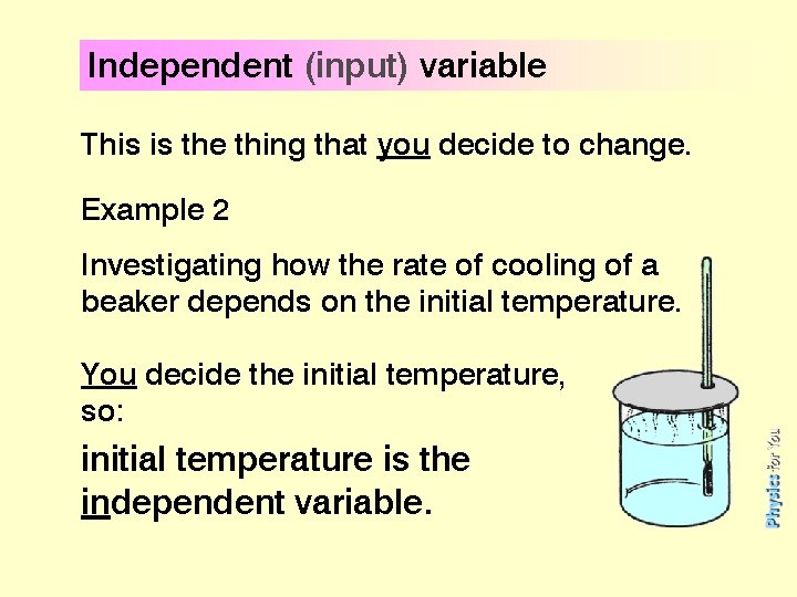 Independent (input) variable This is the thing that you decide to change. Example 2