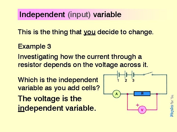 Independent (input) variable This is the thing that you decide to change. Example 3