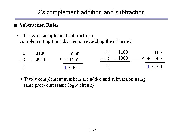 2’s complement addition and subtraction < Subtraction Rules • 4 -bit two’s complement subtractions: