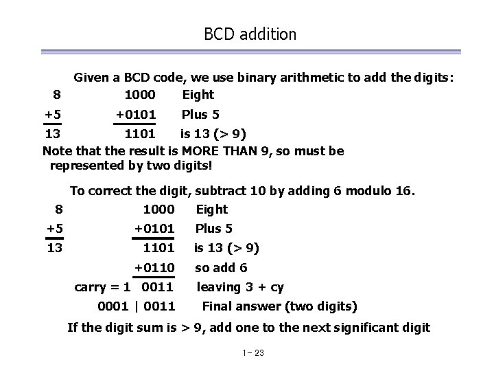 BCD addition Given a BCD code, we use binary arithmetic to add the digits: