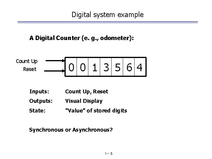 Digital system example A Digital Counter (e. g. , odometer): Count Up Reset 0
