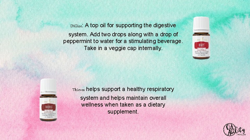 Di. Gize: A top oil for supporting the digestive system. Add two drops along