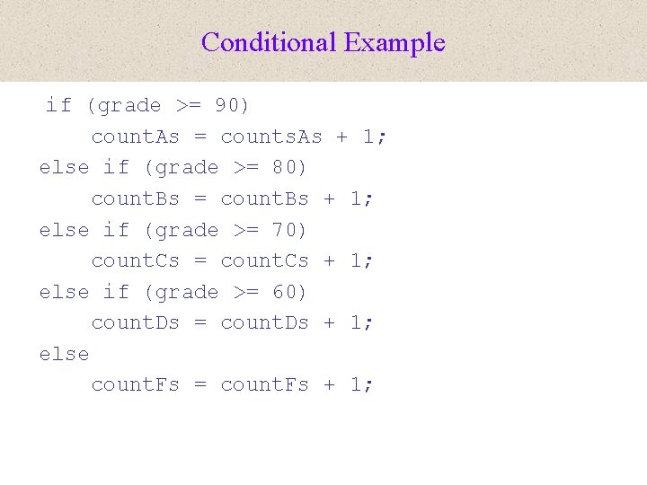Conditional Example if (grade >= 90) count. As = counts. As + 1; else