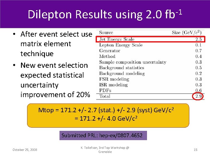 Dilepton Results using 2. 0 fb-1 • After event select use matrix element technique
