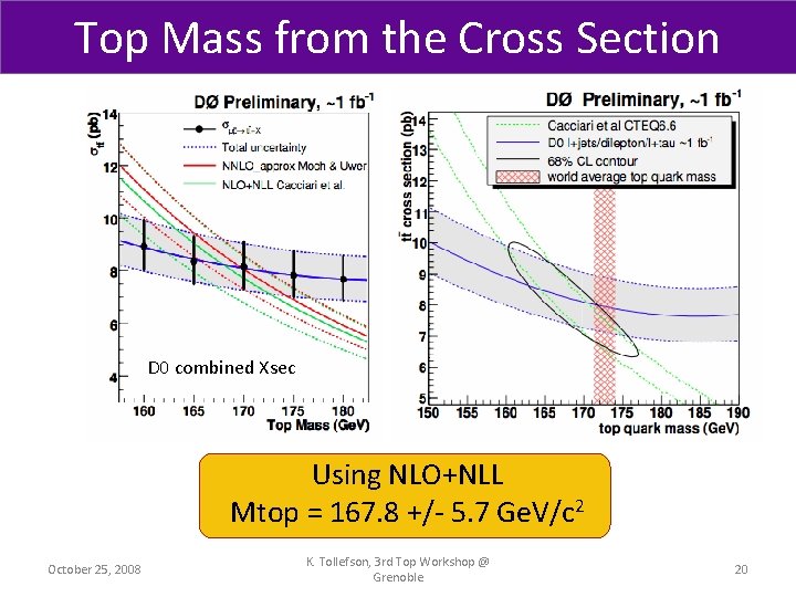 Top Mass from the Cross Section D 0 combined Xsec Using NLO+NLL Mtop =