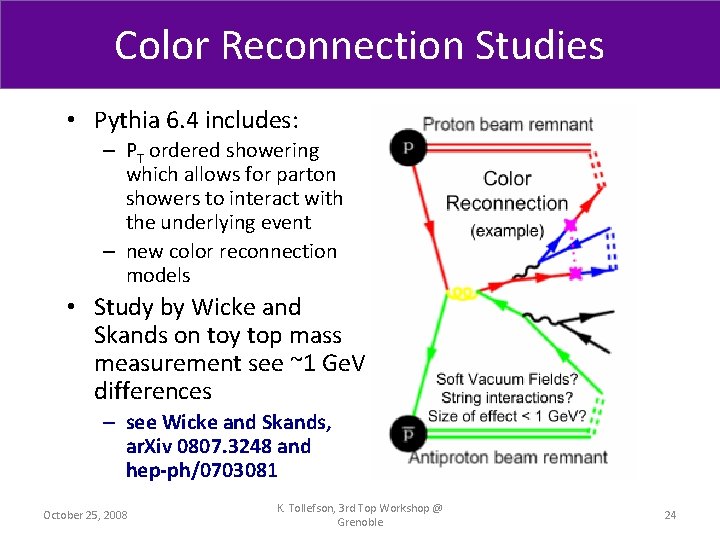 Color Reconnection Studies Remaining issues • Pythia 6. 4 includes: – PT ordered showering