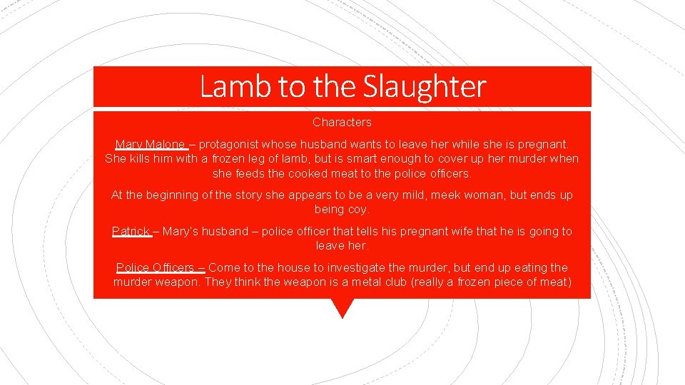 Lamb to the Slaughter Characters Mary Malone – protagonist whose husband wants to leave