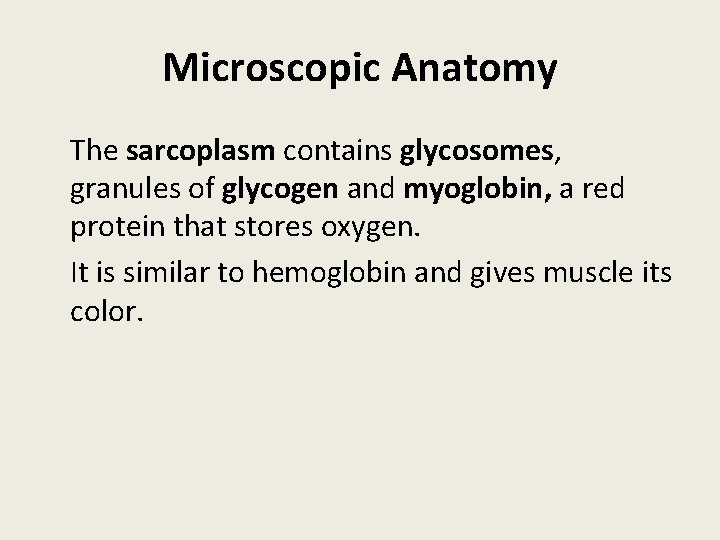 Microscopic Anatomy The sarcoplasm contains glycosomes, granules of glycogen and myoglobin, a red protein