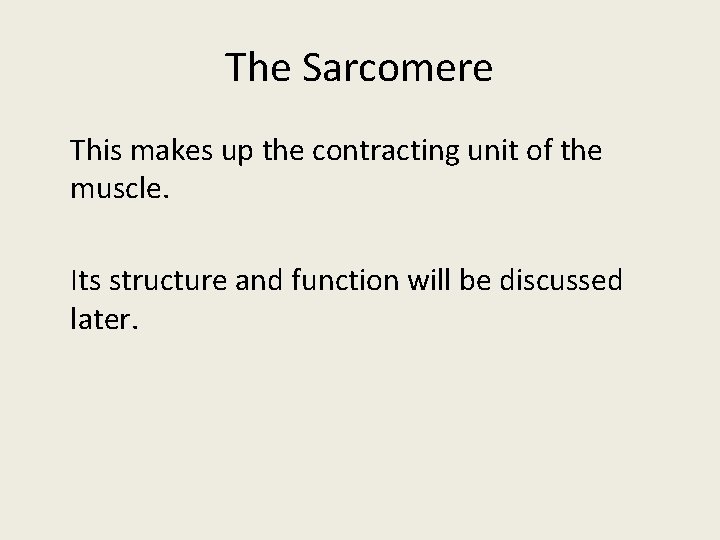 The Sarcomere This makes up the contracting unit of the muscle. Its structure and