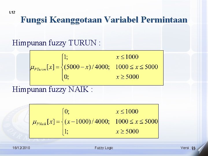 I. 12 Fungsi Keanggotaan Variabel Permintaan Himpunan fuzzy TURUN : Himpunan fuzzy NAIK :