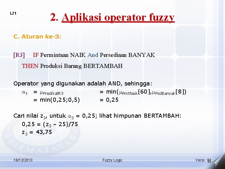 2. Aplikasi operator fuzzy I. 21 C. Aturan ke-3: [R 3] IF Permintaan NAIK