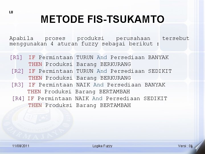 I. 8 METODE FIS-TSUKAMTO Apabila proses produksi perusahaan tersebut menggunakan 4 aturan fuzzy sebagai