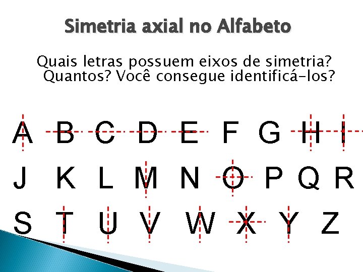 Simetria axial no Alfabeto Quais letras possuem eixos de simetria? Quantos? Você consegue identificá-los?