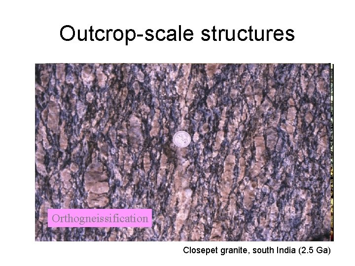 Outcrop-scale structures Orthogneissification Shear zones with late melts C/S structures Shear zones filled with