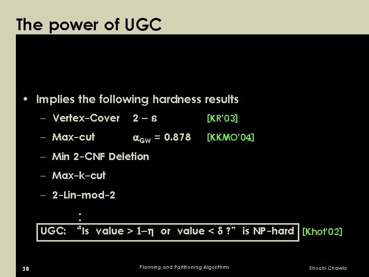 The power of UGC • Implies the following hardness results – Vertex-Cover 2 –